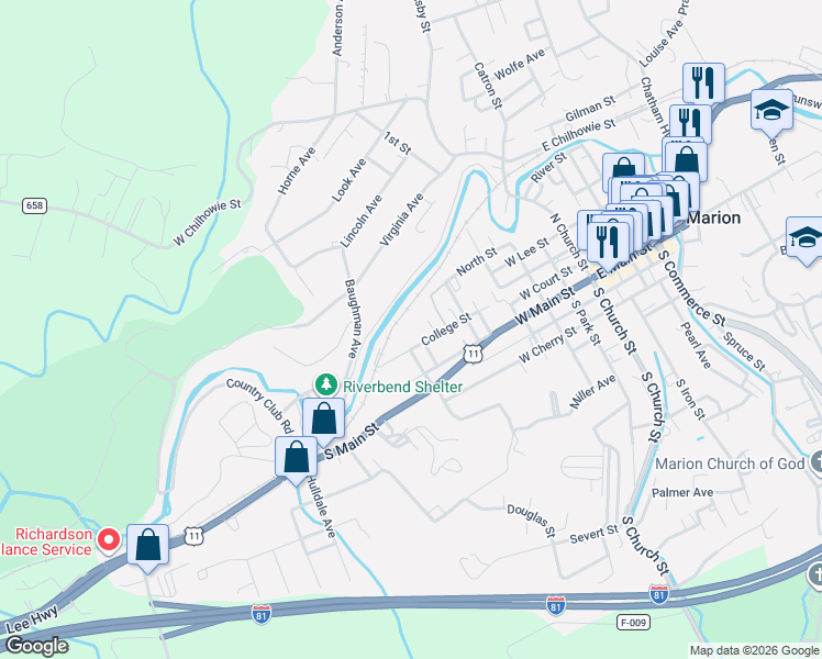 map of restaurants, bars, coffee shops, grocery stores, and more near 355 College St in Marion