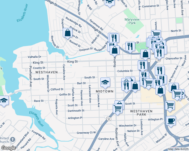 map of restaurants, bars, coffee shops, grocery stores, and more near 3908 South Street in Portsmouth