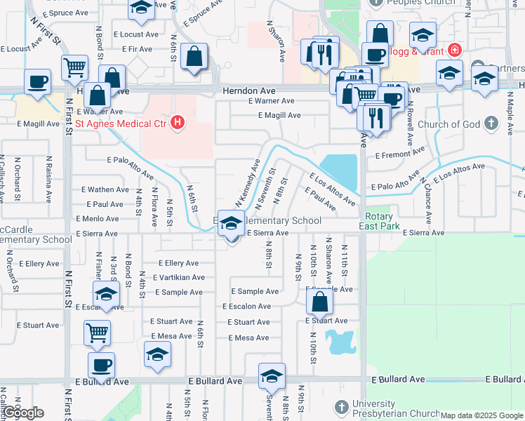 map of restaurants, bars, coffee shops, grocery stores, and more near 6468 North 7th Street in Fresno