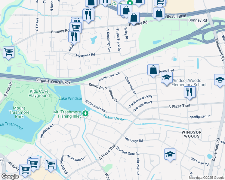 map of restaurants, bars, coffee shops, grocery stores, and more near 3952 Silina Drive in Virginia Beach