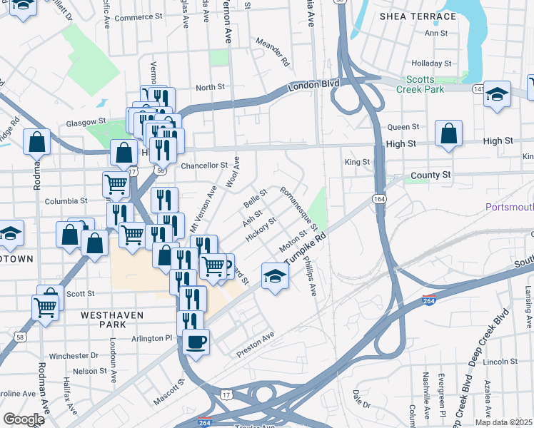 map of restaurants, bars, coffee shops, grocery stores, and more near 2607 Hickory Street in Portsmouth