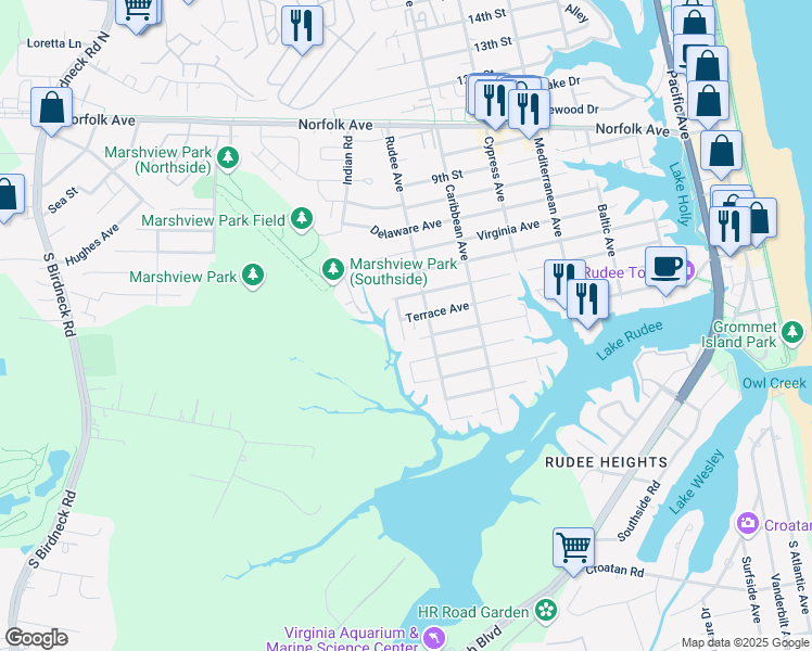 map of restaurants, bars, coffee shops, grocery stores, and more near 311 Indian Avenue in Virginia Beach