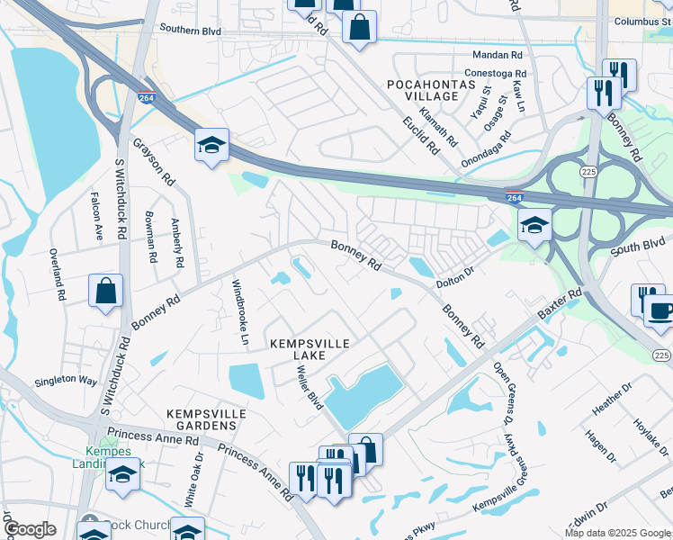 map of restaurants, bars, coffee shops, grocery stores, and more near 233 Moate Circle in Virginia Beach