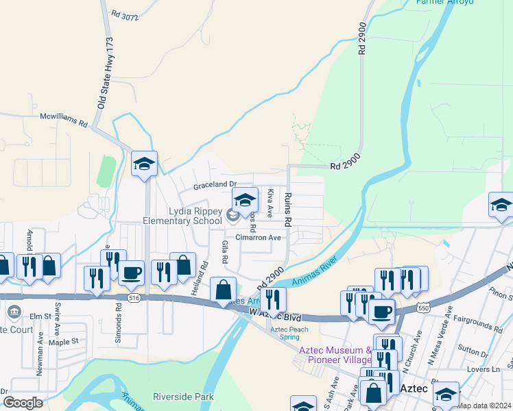 map of restaurants, bars, coffee shops, grocery stores, and more near 520 Rio Pecos Road in Aztec