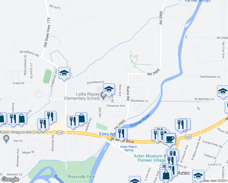 map of restaurants, bars, coffee shops, grocery stores, and more near 1007 Townsend Avenue in Aztec