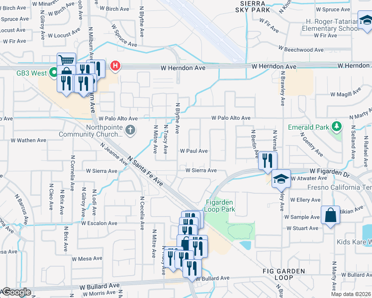 map of restaurants, bars, coffee shops, grocery stores, and more near 4381 West Paul Avenue in Fresno