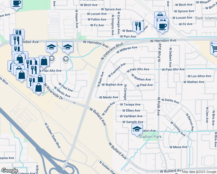 map of restaurants, bars, coffee shops, grocery stores, and more near 5858 West Paul Avenue in Fresno