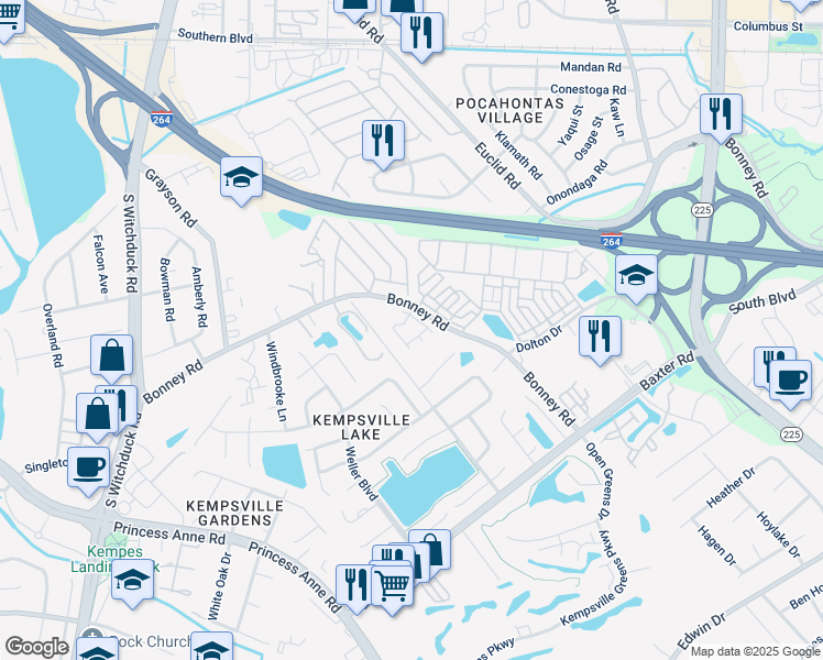 map of restaurants, bars, coffee shops, grocery stores, and more near 332 Moate Circle in Virginia Beach