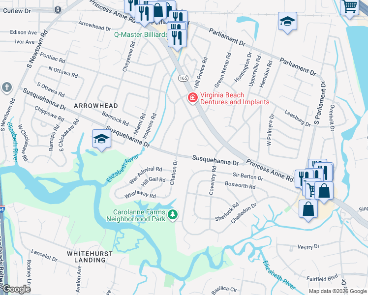 map of restaurants, bars, coffee shops, grocery stores, and more near 5428 Susquehanna Drive in Virginia Beach