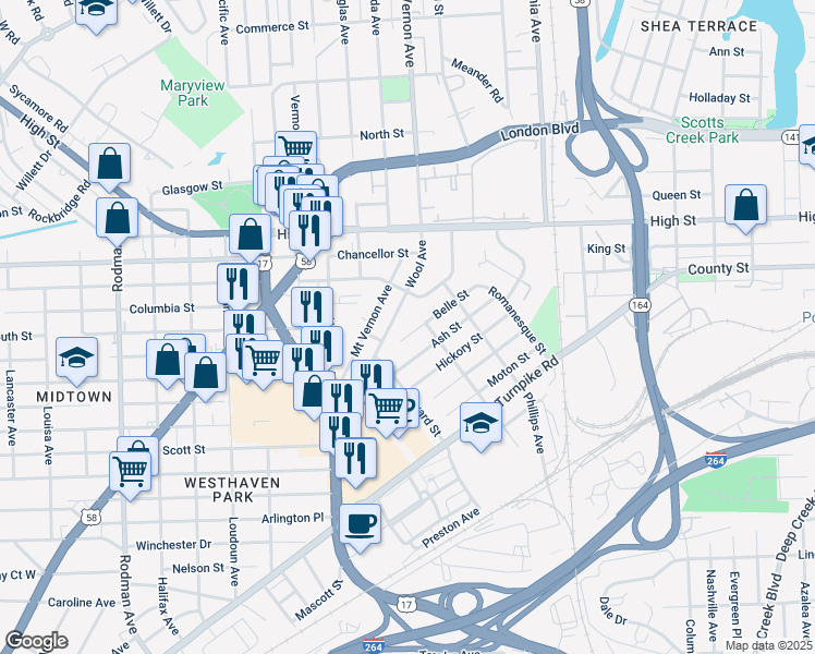 map of restaurants, bars, coffee shops, grocery stores, and more near 1437 Wool Avenue in Portsmouth