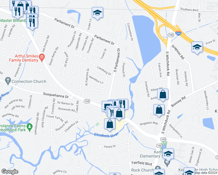 map of restaurants, bars, coffee shops, grocery stores, and more near 293 South Parliament Drive in Virginia Beach