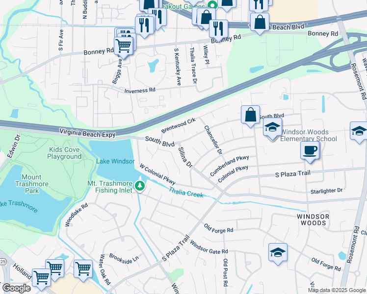 map of restaurants, bars, coffee shops, grocery stores, and more near 3952 Silina Drive in Virginia Beach