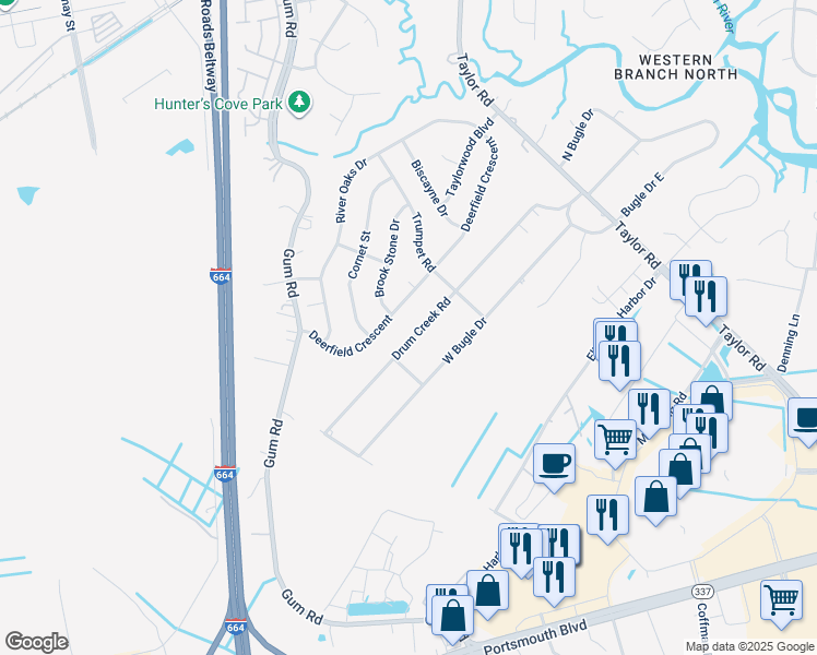 map of restaurants, bars, coffee shops, grocery stores, and more near 2516 Drum Creek Road in Chesapeake