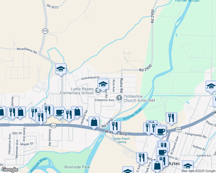 map of restaurants, bars, coffee shops, grocery stores, and more near 1007 Townsend Avenue in Aztec