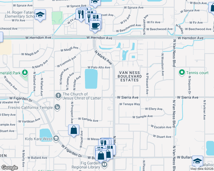 map of restaurants, bars, coffee shops, grocery stores, and more near 6479 North Blosser Avenue in Fresno