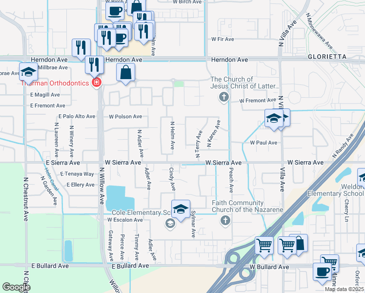 map of restaurants, bars, coffee shops, grocery stores, and more near 78 North Cindy Avenue in Clovis