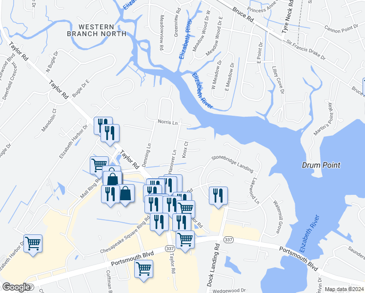 map of restaurants, bars, coffee shops, grocery stores, and more near 2516 Knox Court in Chesapeake