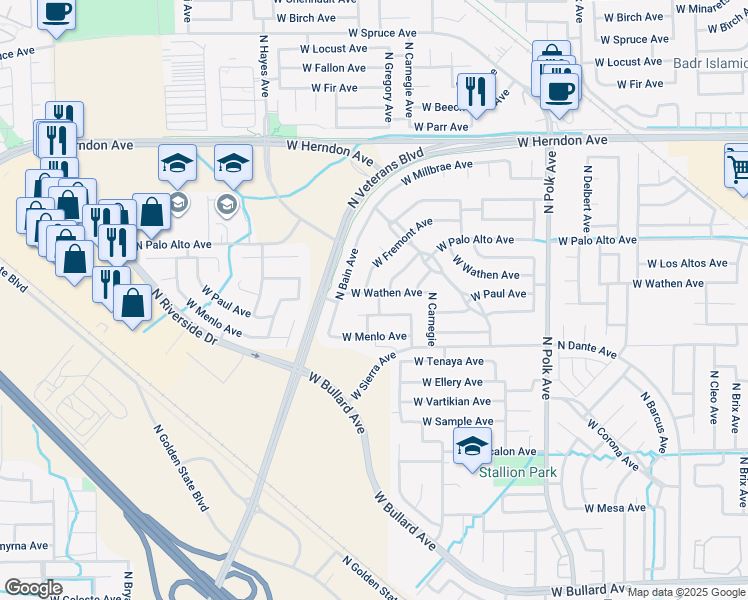 map of restaurants, bars, coffee shops, grocery stores, and more near 5858 West Paul Avenue in Fresno