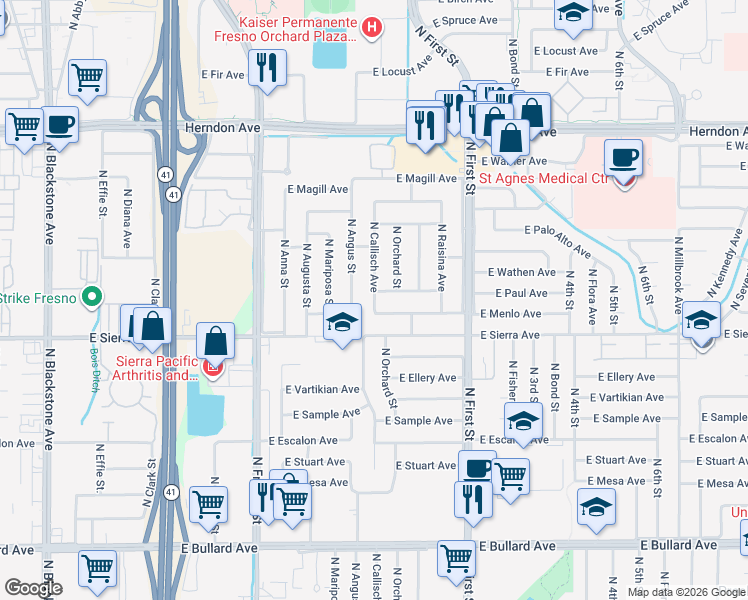 map of restaurants, bars, coffee shops, grocery stores, and more near 6445 North Callisch Avenue in Fresno