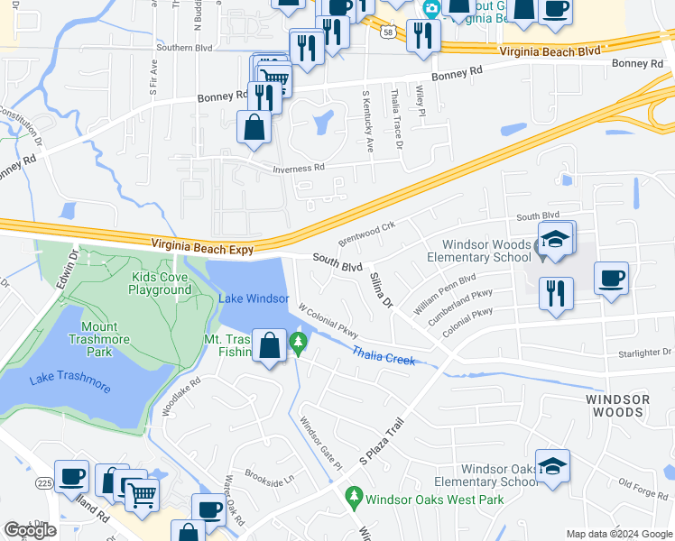 map of restaurants, bars, coffee shops, grocery stores, and more near 209 Cortland Lane in Virginia Beach