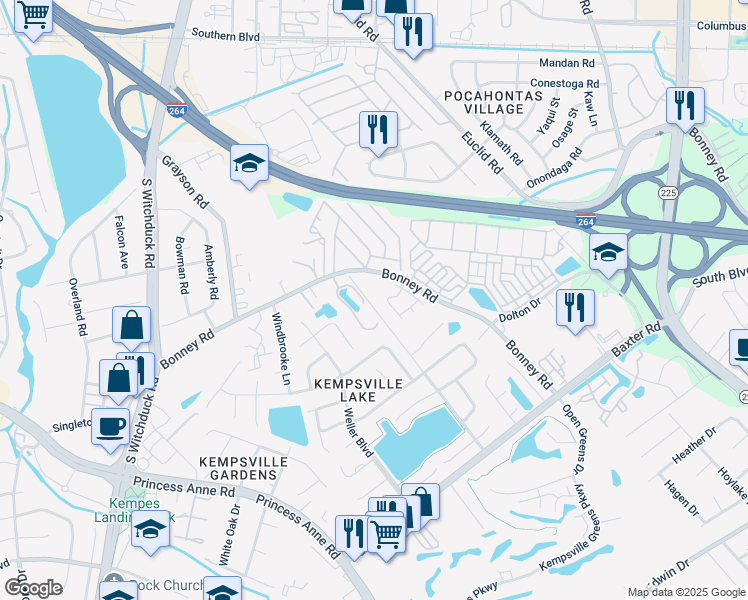 map of restaurants, bars, coffee shops, grocery stores, and more near 232 Kenley Road in Virginia Beach