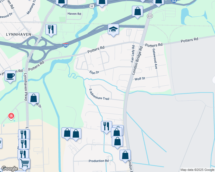 map of restaurants, bars, coffee shops, grocery stores, and more near 432 North Adventure Trail in Virginia Beach
