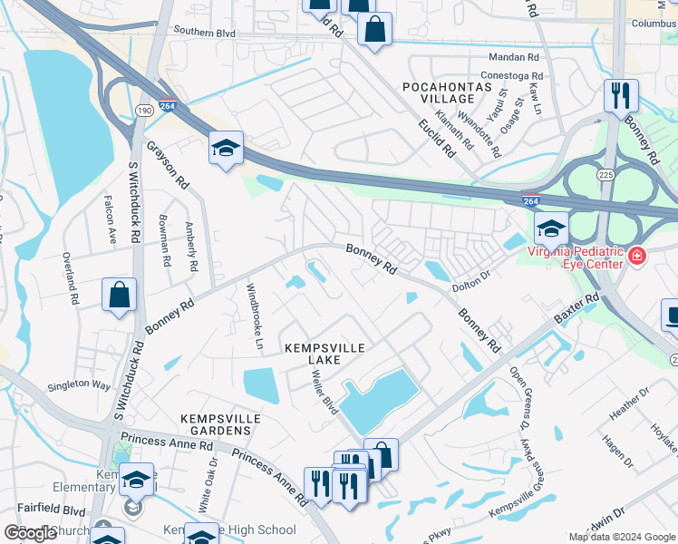 map of restaurants, bars, coffee shops, grocery stores, and more near 232 Kenley Road in Virginia Beach