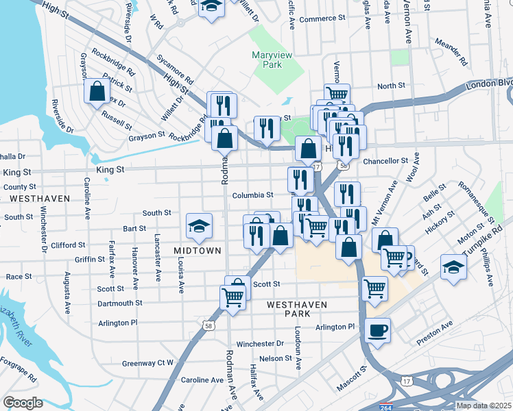 map of restaurants, bars, coffee shops, grocery stores, and more near 3528 South Street in Portsmouth