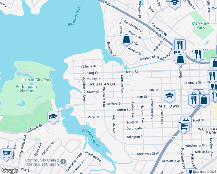 map of restaurants, bars, coffee shops, grocery stores, and more near 4409 Columbia Street in Portsmouth