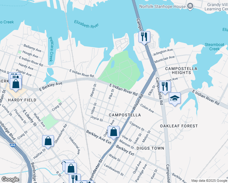 map of restaurants, bars, coffee shops, grocery stores, and more near 1122 Covel Street in Norfolk