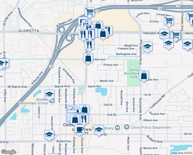 map of restaurants, bars, coffee shops, grocery stores, and more near 822 Menlo Avenue in Clovis