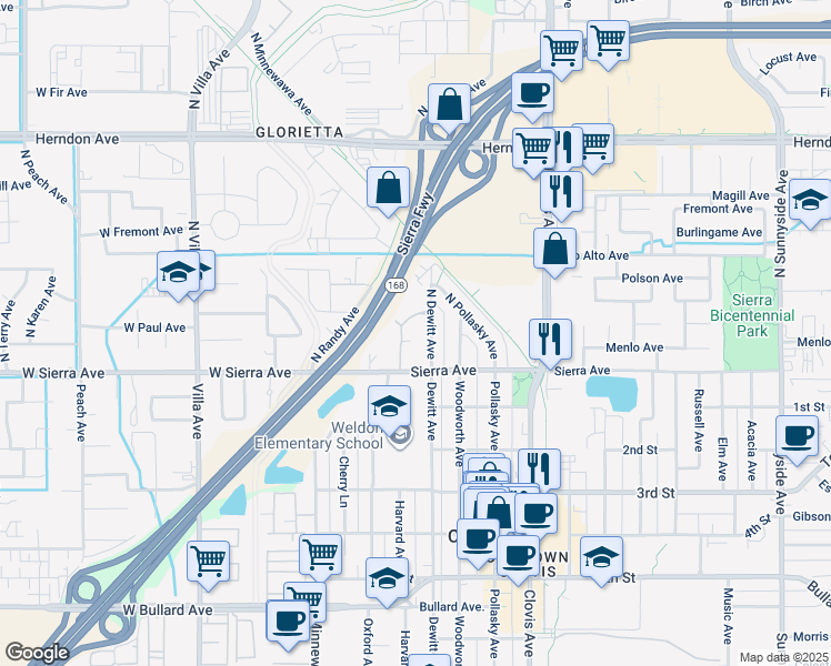 map of restaurants, bars, coffee shops, grocery stores, and more near 21 North Dewitt Avenue in Clovis