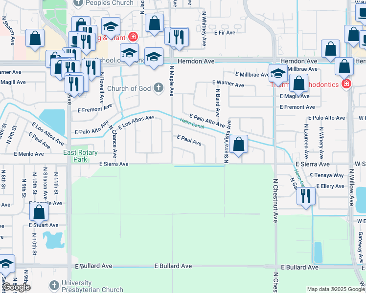 map of restaurants, bars, coffee shops, grocery stores, and more near 6541 North Price Avenue in Fresno