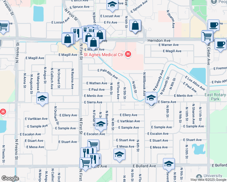 map of restaurants, bars, coffee shops, grocery stores, and more near 6440 North 4th Street in Fresno