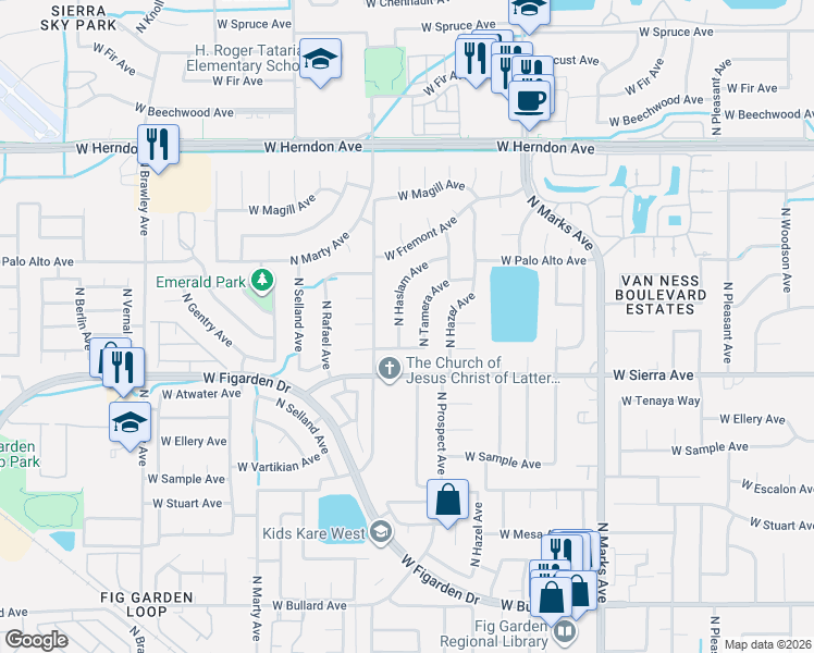 map of restaurants, bars, coffee shops, grocery stores, and more near 6459 North Tamera Avenue in Fresno