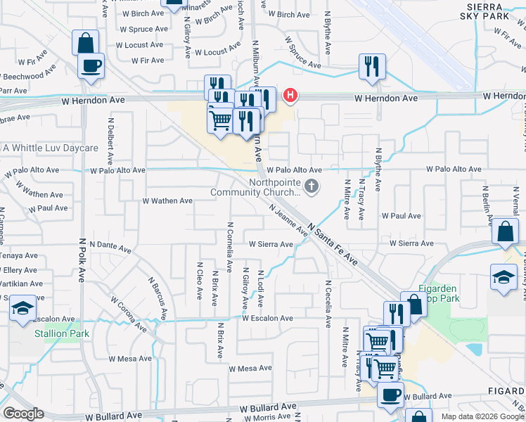 map of restaurants, bars, coffee shops, grocery stores, and more near 6460 North Lodi Avenue in Fresno