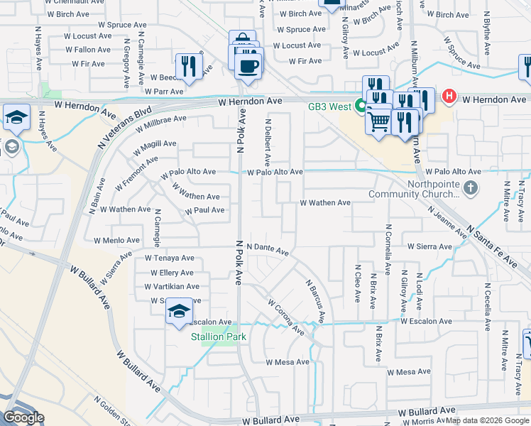 map of restaurants, bars, coffee shops, grocery stores, and more near 6479 North State Avenue in Fresno
