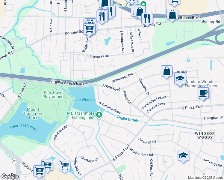 map of restaurants, bars, coffee shops, grocery stores, and more near 209 Cortland Lane in Virginia Beach