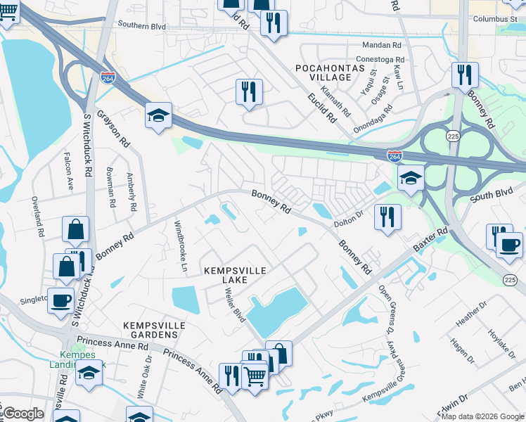 map of restaurants, bars, coffee shops, grocery stores, and more near 4901 Bonney Road in Virginia Beach
