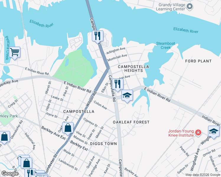 map of restaurants, bars, coffee shops, grocery stores, and more near 1616 East Indian River Road in Norfolk