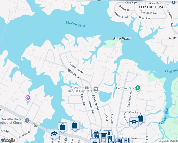 map of restaurants, bars, coffee shops, grocery stores, and more near 150 Ridgewood Road in Chesapeake
