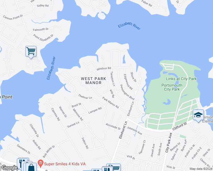 map of restaurants, bars, coffee shops, grocery stores, and more near 305 Kay Road in Portsmouth