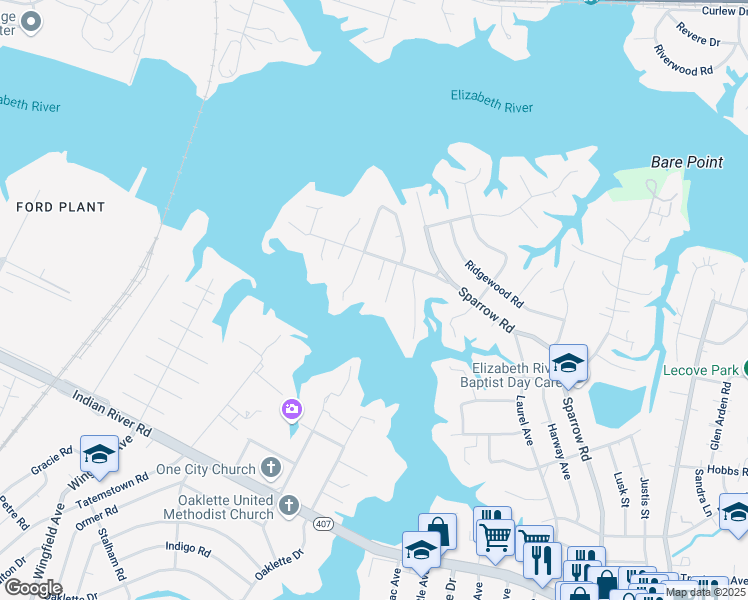 map of restaurants, bars, coffee shops, grocery stores, and more near 109 Herrington Lane in Chesapeake