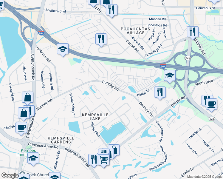 map of restaurants, bars, coffee shops, grocery stores, and more near 332 Moate Circle in Virginia Beach