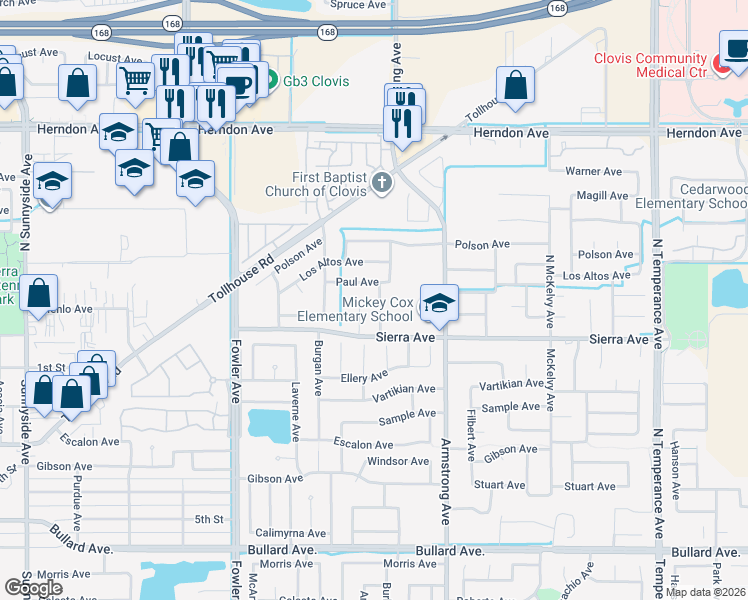 map of restaurants, bars, coffee shops, grocery stores, and more near 82 North Cypress Avenue in Clovis