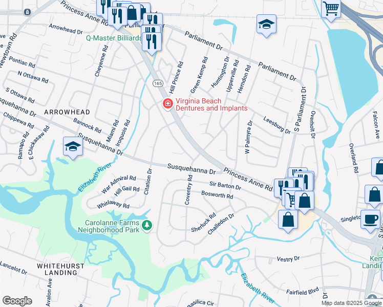 map of restaurants, bars, coffee shops, grocery stores, and more near 5404 Hatteras Road in Virginia Beach