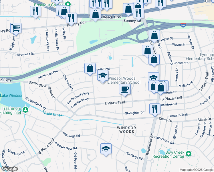 map of restaurants, bars, coffee shops, grocery stores, and more near 3748 Colonial Parkway in Virginia Beach