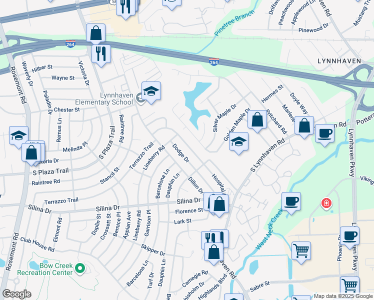 map of restaurants, bars, coffee shops, grocery stores, and more near 321 Hospital Drive in Virginia Beach