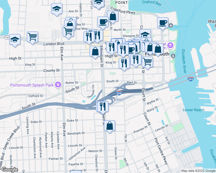 map of restaurants, bars, coffee shops, grocery stores, and more near 1019 Effingham Street in Portsmouth
