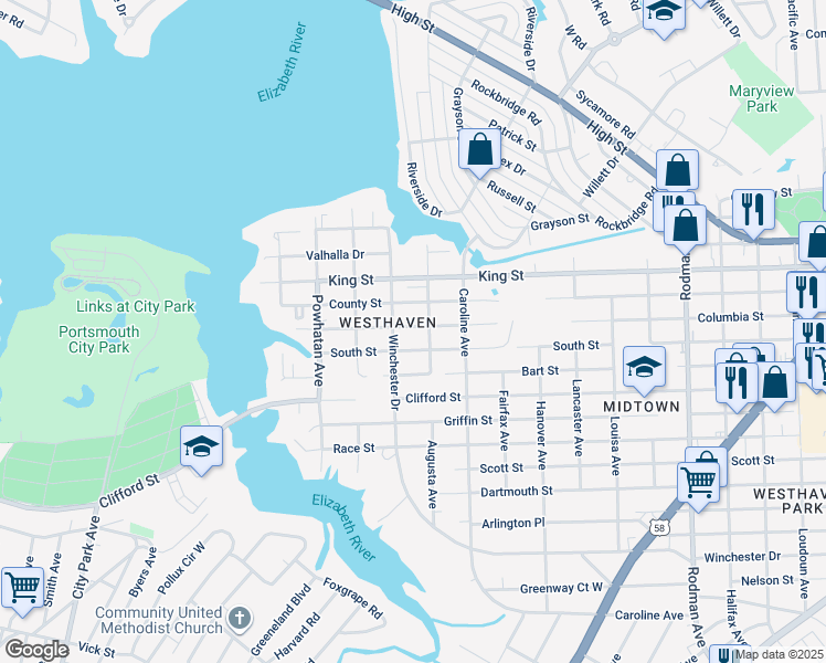 map of restaurants, bars, coffee shops, grocery stores, and more near 4409 Columbia Street in Portsmouth